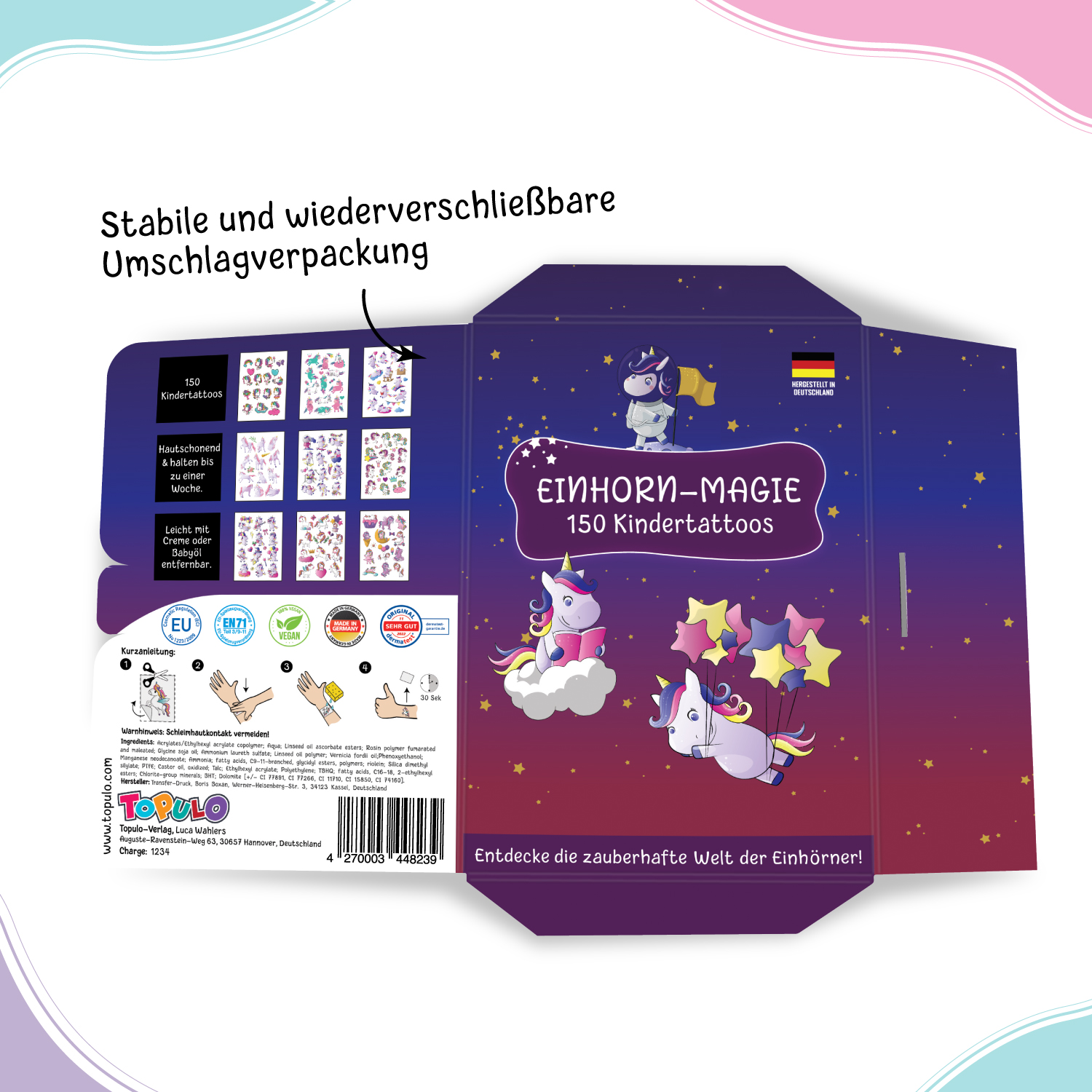 150 hautschonende Kindertattoos - Thema: Einhorn Magie - 9 Tattoobögen im A6-Format - made in Germany – Bild 5